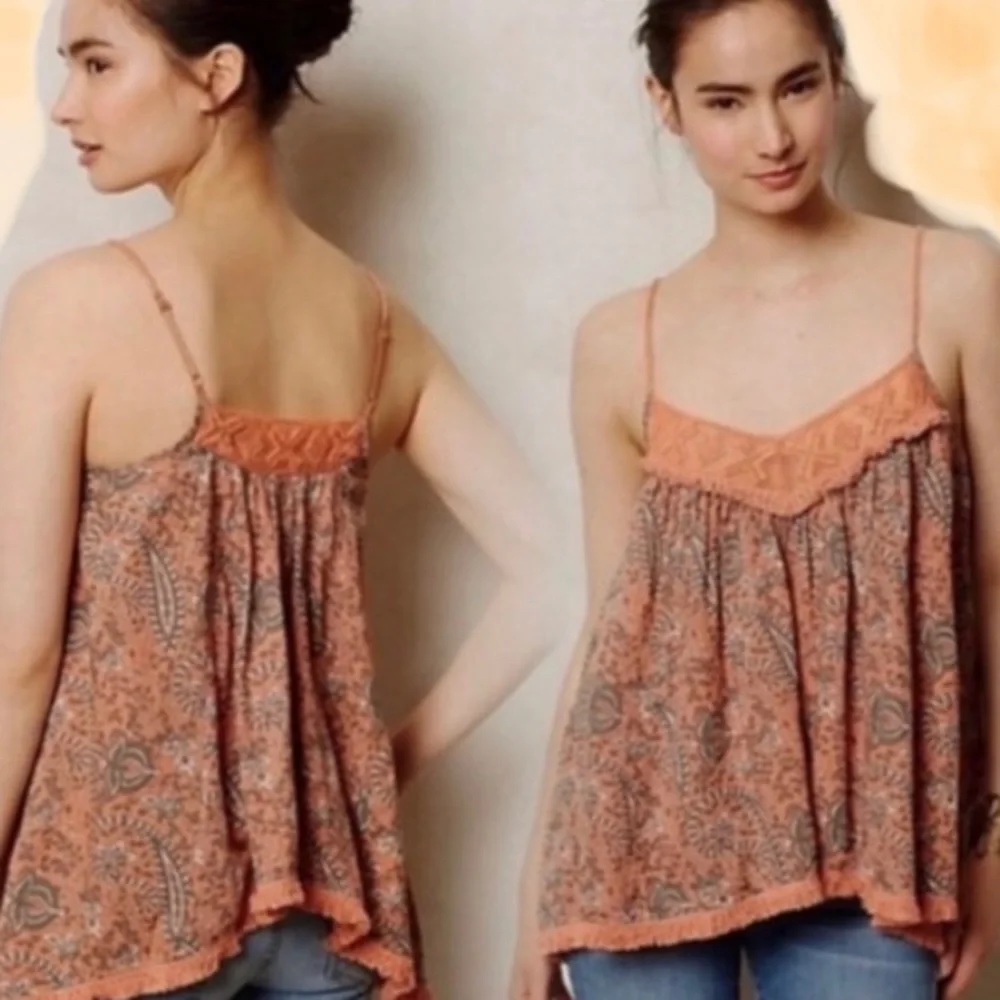 ANTHROPOLOGIE LILKA Coral/Pink Fringe Boho Swing Cami Tank Top - Picture 1 of 11